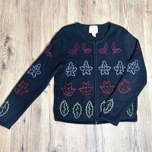 Christopher & Banks Sweater Navy Fall Leaves Zip Front Womens Size Medium